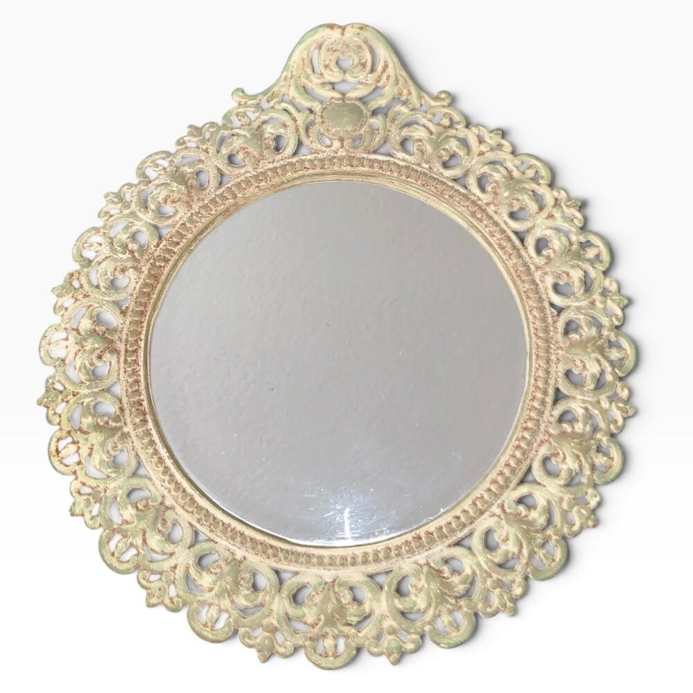 Ornate White Round Iron Wall Vanity Mirror Cast Iron Art Nouveau Filigree 12”